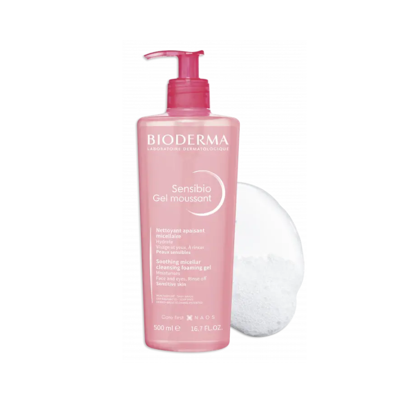 Bioderma Sensibio Gel Moussant – gentle cleansing gel for sensitive skin in a soft pink bottle.