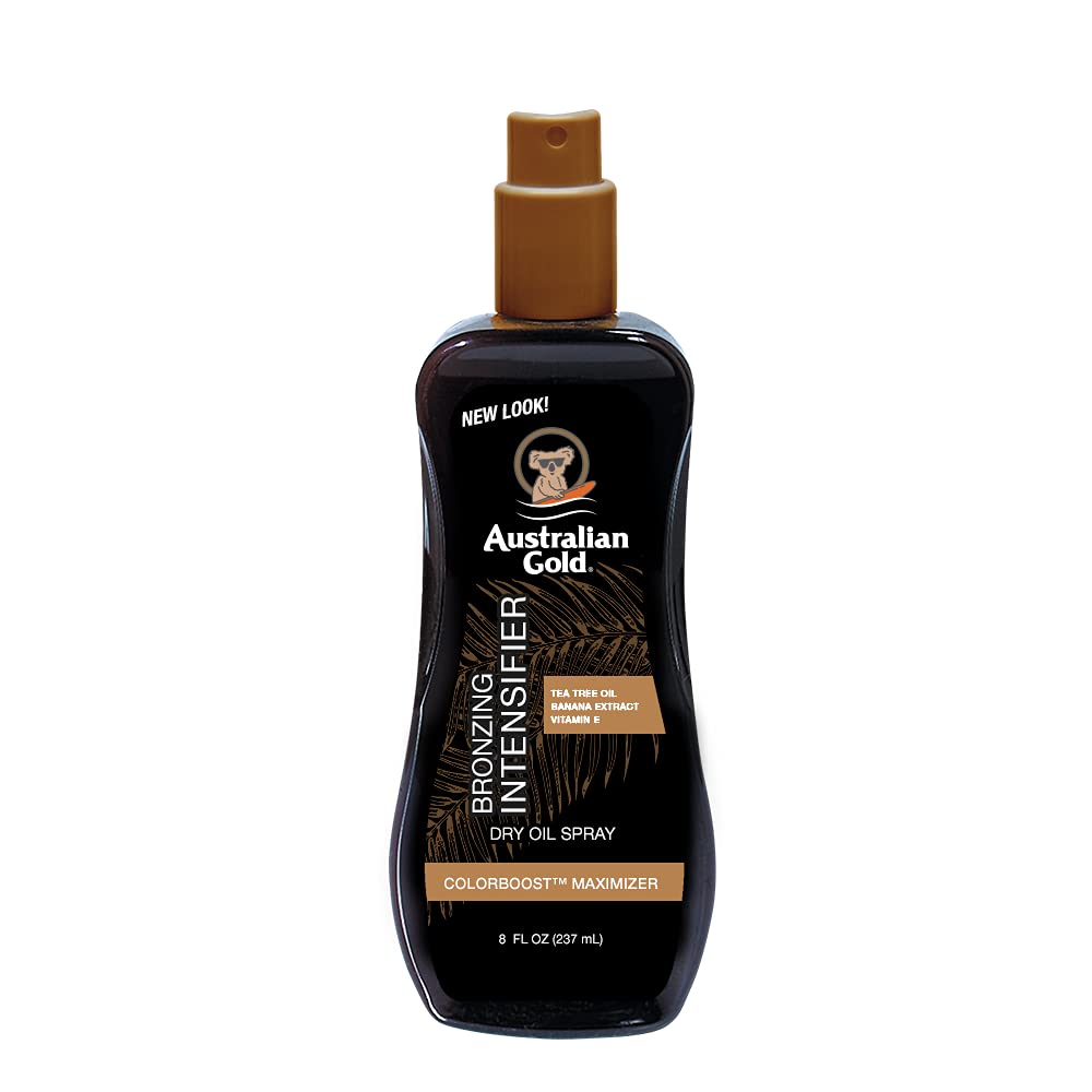Bottle of Australian Gold Bronzing Intensifier Dry Oil Spray with a pump dispenser, labeled for tanning.