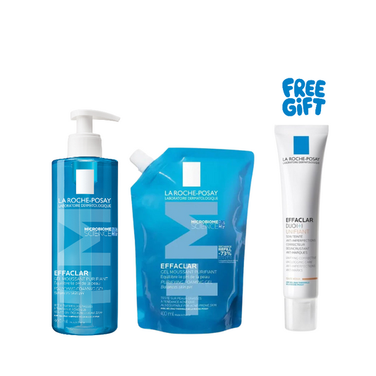 La Roche-Posay skincare products including a bottle, pouch, and tube on a white background with 'Free Gift' text.