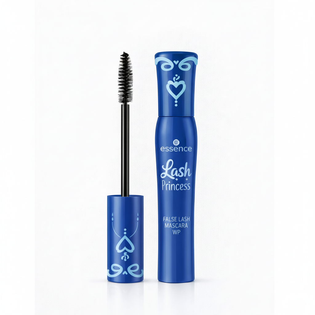 Blue mascara with 'essence Lash Princess' text on a white background