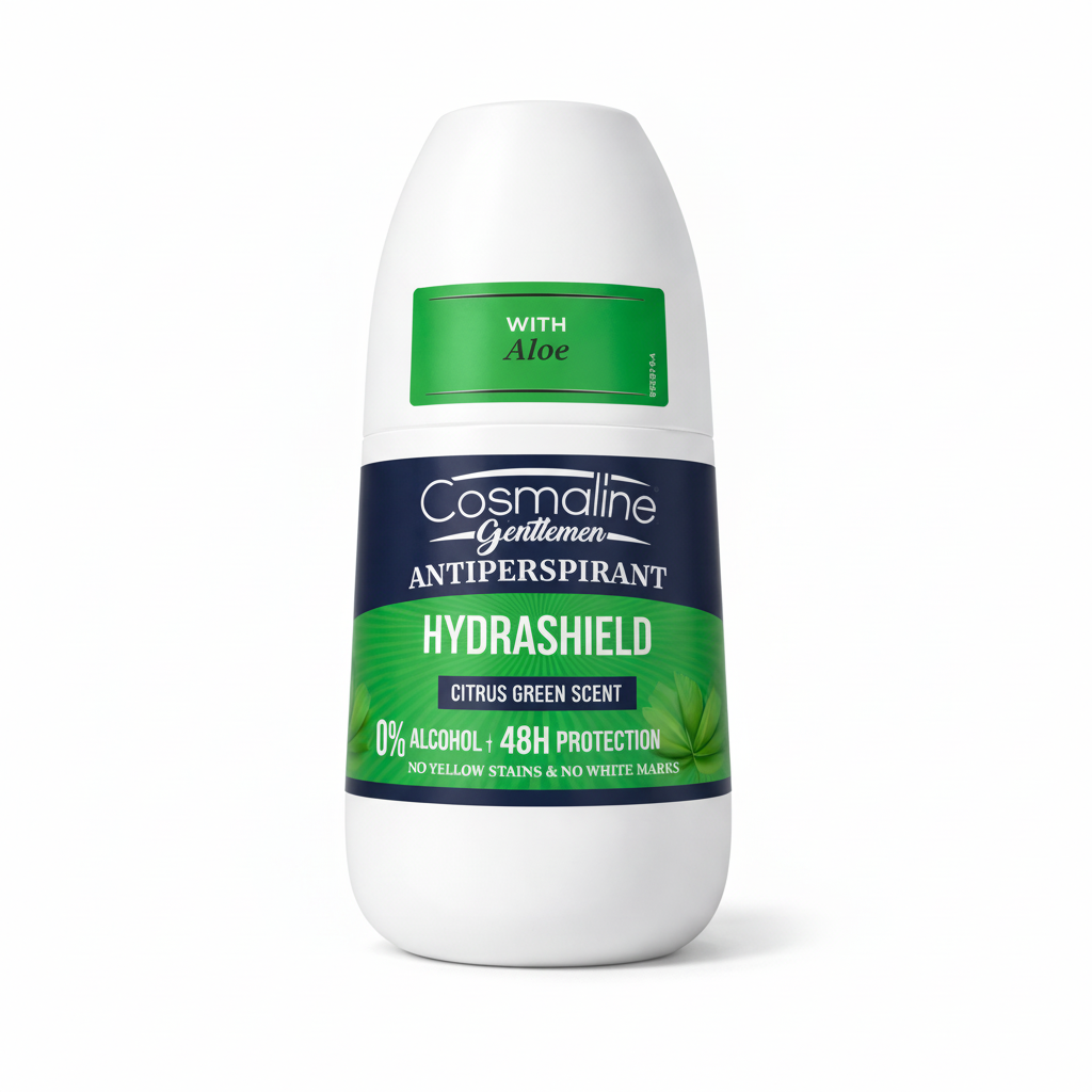 Cosmaline antiperspirant roll-on bottle with green and white design on a white background