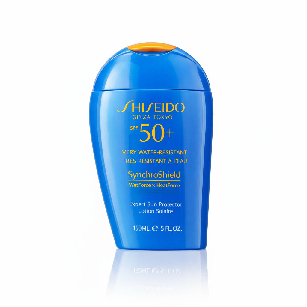 Shiseido sunscreen bottle with blue and orange design on a white background