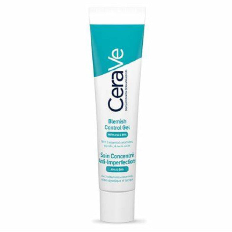 CeraVe Blemish Control Gel Serum 40ml with AHA and BHA, featuring blue and white packaging designed for acne-prone skin