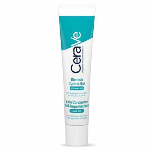 CeraVe Blemish Control Gel Serum 40ml with AHA and BHA, featuring blue and white packaging designed for acne-prone skin