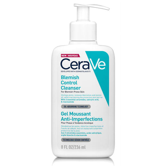 CeraVe Blemish Control Cleanser 236ml bottle with blue and white packaging, formulated with salicylic acid and niacinamide for acne-prone skin

