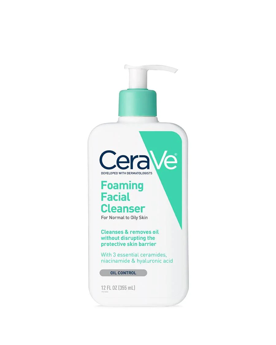 CeraVe Foaming Cleanser for Normal to Oily Skin in a 236ml pump bottle, designed to cleanse and remove excess oil without disrupting the skin barrier.
