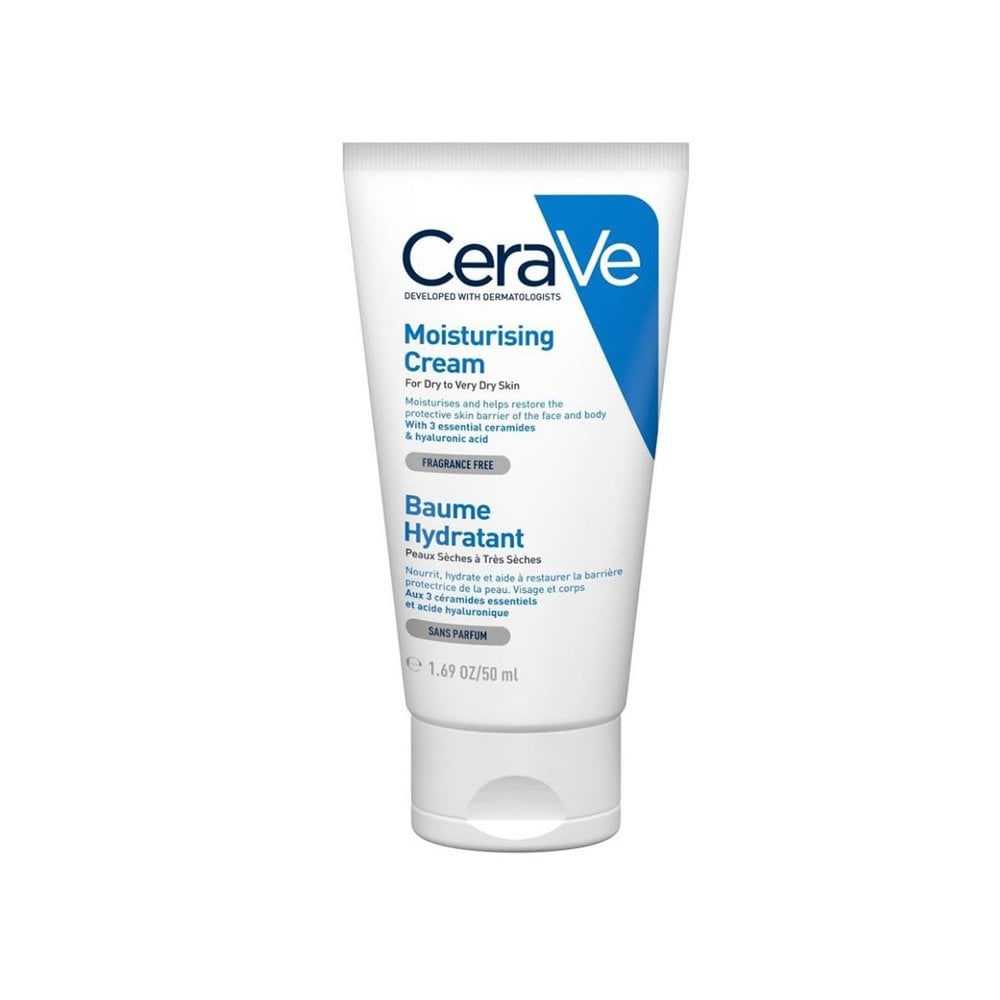 CeraVe Moisturising Cream in a 50ml tube, designed to hydrate and restore the skin barrier for dry to very dry skin.