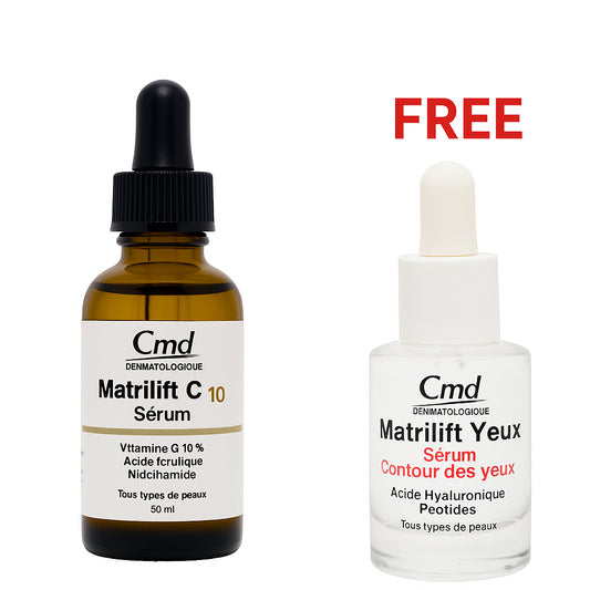 Cmd Matrilift C10 Serum with free Matrilift Yeux Eye Serum displayed side by side on a white background