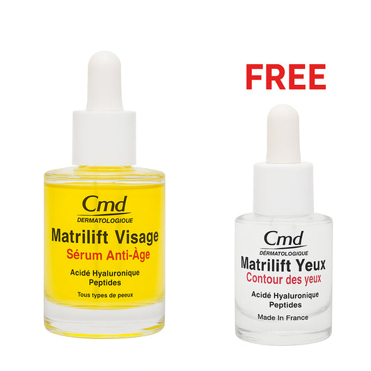 Cmd Matrilift Visage Anti-Aging Serum 30ml with free Matrilift Yeux Eye Serum 15ml displayed on a white background
