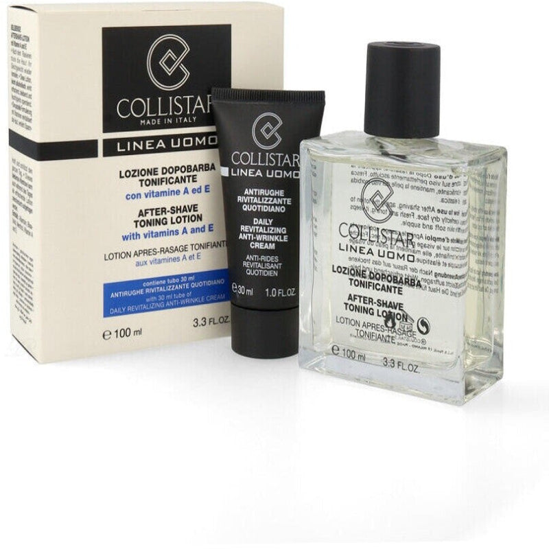 Collistar men's grooming products including a box, lotion, and cream on a white background