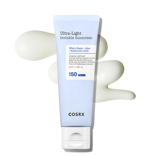 Cosrx ultra-light invisible sunscreen tube on a white background