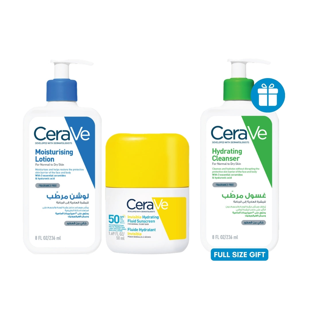 Cerave BUY Moisturising Lotion 236 ML + Hydrating Invisible Fluid Sunscreen, GET Hydrating Cleanser 236ML