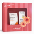 URIAGE skincare products in a decorative box with flowers on a white background