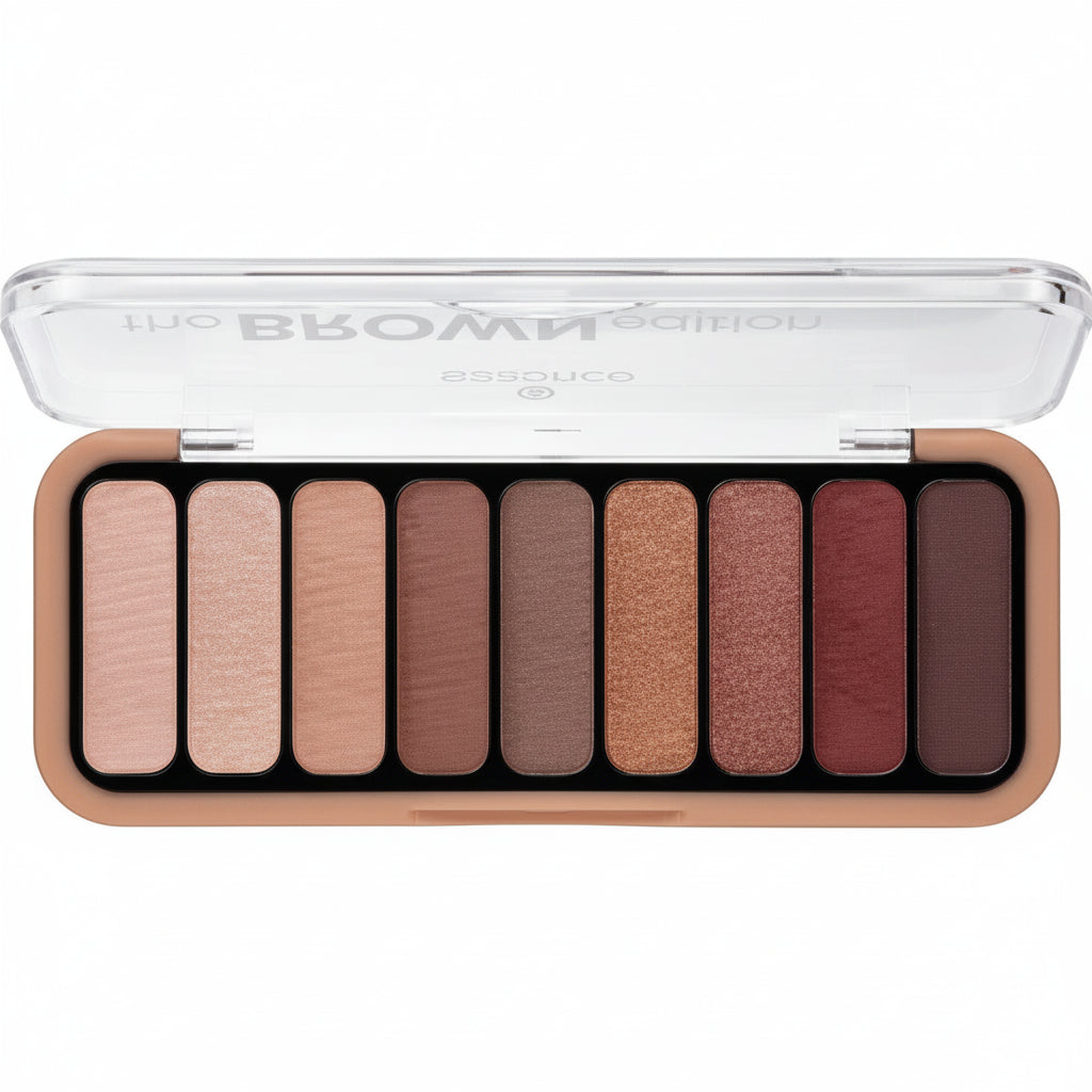 Makeup palette with various shades of eyeshadow on a white background