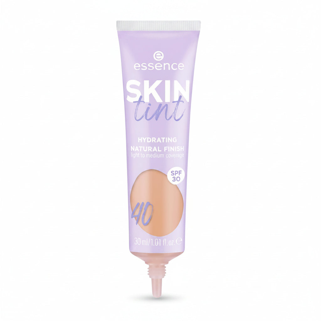 Tube of essence Skin Tint with a beige color swatch on a white background