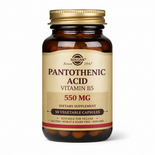 Vitamin supplement bottle labeled 'Pantothenic Acid Vitamin B5' with Solgar branding on a white background.