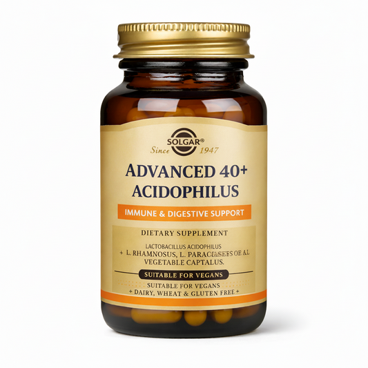 Bottle of Solgar Advanced 40+ Acidophilus supplement on a white background