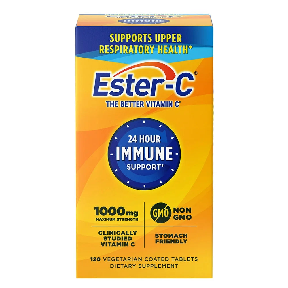Box of Ester-C vitamin C tablets supporting upper respiratory health and 24-hour immune support, 1000 mg, non-GMO, stomach friendly, 120 vegetarian coated tablets