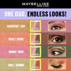 Maybelline New York eyeshadow palette advertisement with color swatches and eye makeup examples.