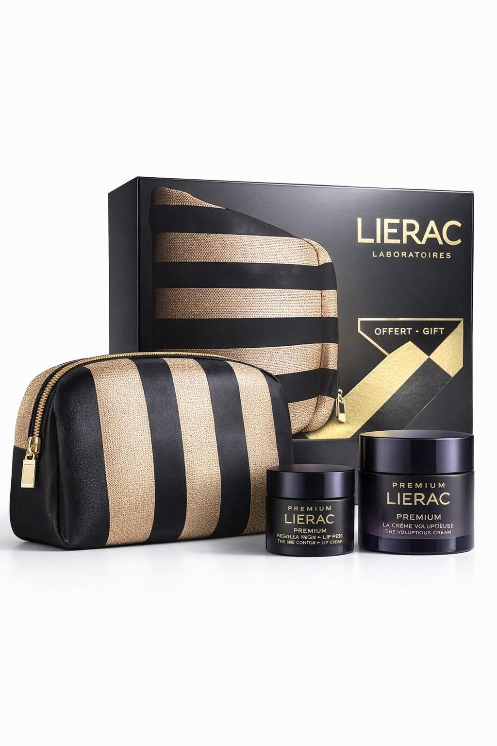 Lierac cosmetic set with striped pouch and products on a white background