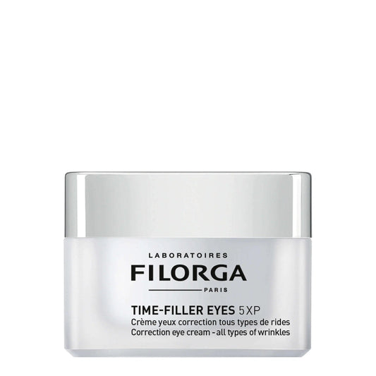 A jar of Filorga Time-Filler Mat cream with a white and silver design, indicating it is a skin care product.