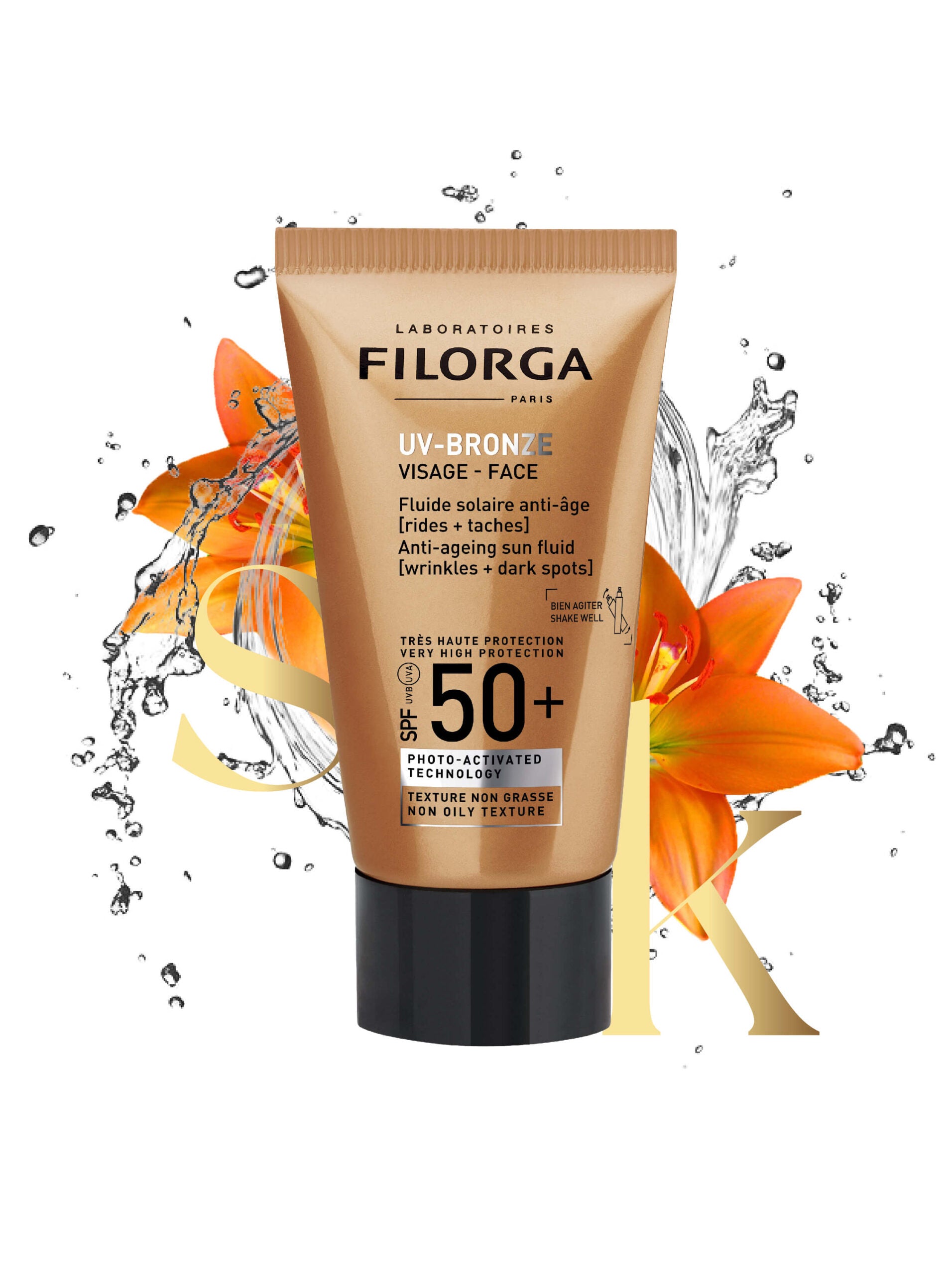 Filorga UV-Bronze Visage SPF 50+ tube with floral and water splash background highlighting anti-ageing sun fluid features