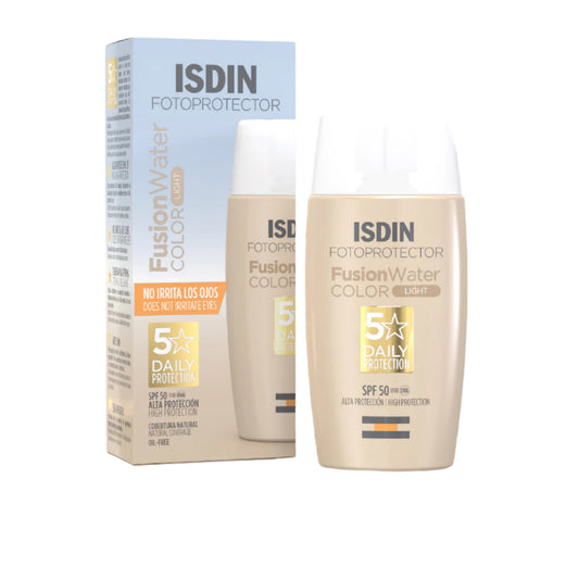 "Fotoprotector ISDIN Fusion Water Color Light SPF 50 – Lightweight, tinted sunscreen for daily protection against UVA/UVB rays"