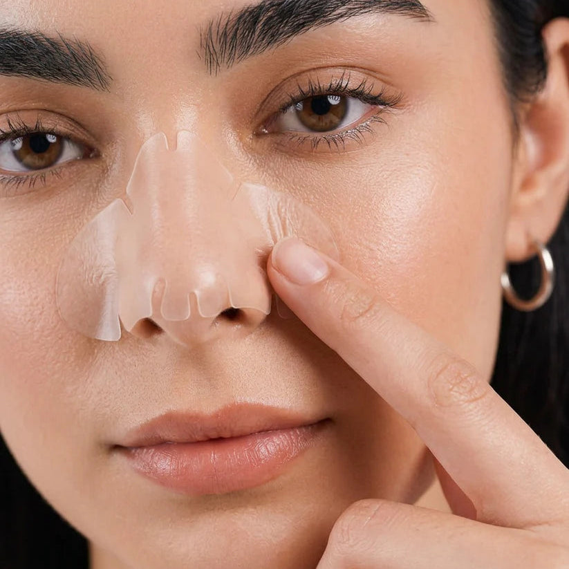 Close-up of a woman applying skincare product to her nose with a finger.