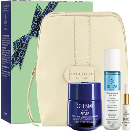 Collistar skincare set with cream, serum, and bag on a green background
