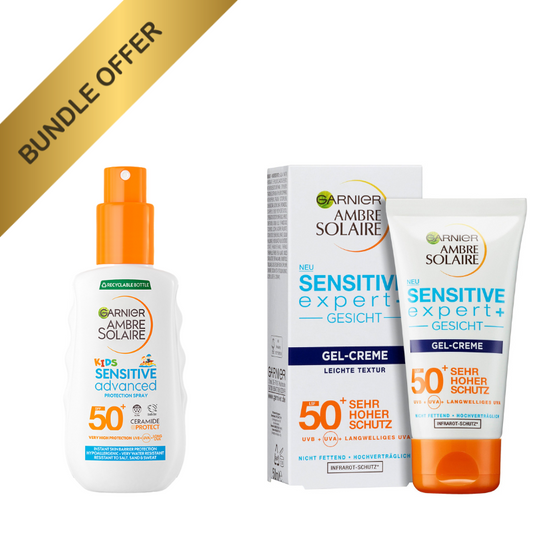 Garnier Ambre Solaire Sensitive Expert+ Face Gel-Cream SPF 50+ and Kids Sensitive Advanced SPF 50+ offering high sun protection for sensitive skin, suitable for both adults and children
