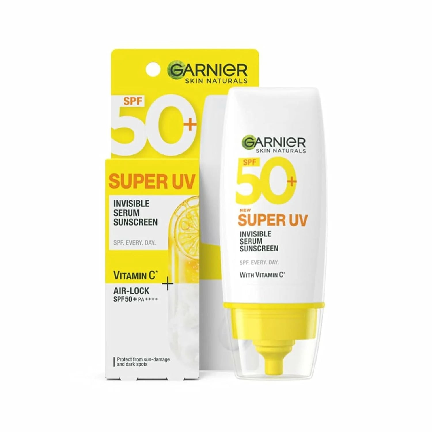 Garnier Ambre Solaire Super UV Vitamin C+ Facial Fluid SPF50+ bottle with a white background