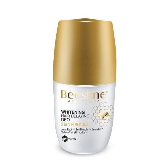 A roll-on deodorant stick by Beesline, designed for whitening and delaying hair growth, with a capacity of 50 ML.