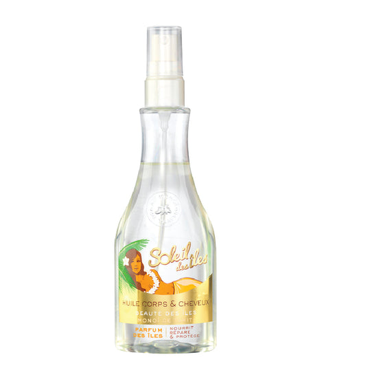Bottle of Soleil Des Îles Body and Hair Oil with tropical island scent, 150 ml