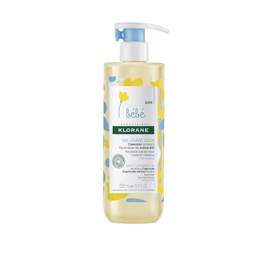 500ml pump bottle of Klorane Baby Gentle Cleansing Gel for body and hair with yellow and white label, featuring organic calendula.