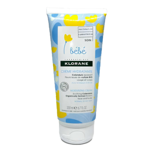 200 ml eco‑tube of Klorane Baby Hydrating Cream with Organic Calendula for face and body, showing front label, botanical design, and pump option alternative.