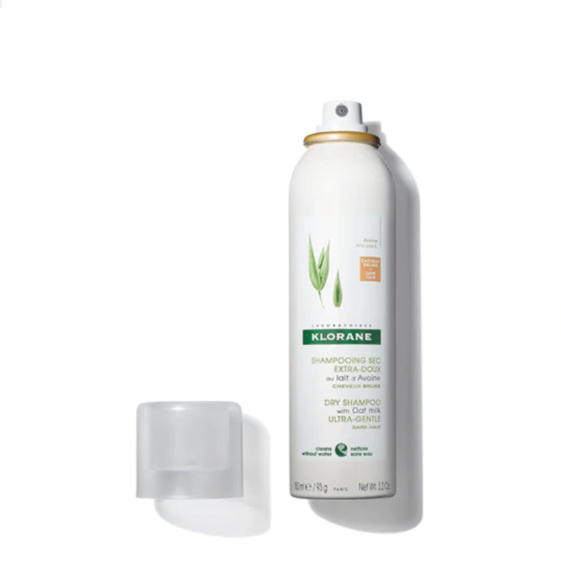 Klorane Dry Shampoo with Oat Milk for Dark Hair: product canister, tinted powder in hand, close-up label, and before‑after hair results.