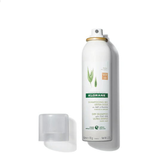 Klorane Dry Shampoo with Oat Milk for Dark Hair: product canister, tinted powder in hand, close-up label, and before‑after hair results.