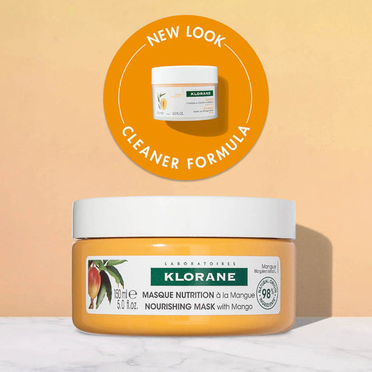 Yellow pot of Klorane Mango Butter Nourishing Hair Mask, 50 ml, with creamy texture visible.
