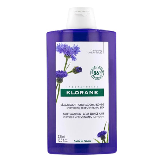 Flacon de 200 ml de Klorane Shampoing Déjaunissant à la Centaurée BIO pour reflets froids