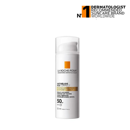 La Roche-Posay Anthelios Age Correct SPF50 Invisible Sunscreen with Niacinamide in a 50ml bottle, offering high sun protection and anti-aging benefits.
