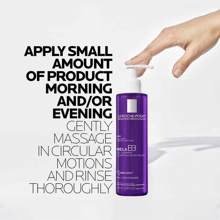 La Roche‑Posay Mela B3 Gel Micro‑Peeling selfacial cleanser – gel nettoyant à micro‑peeling pour un teint lumineux, exfoliant doux à l’acide glycolique et vitamine B3