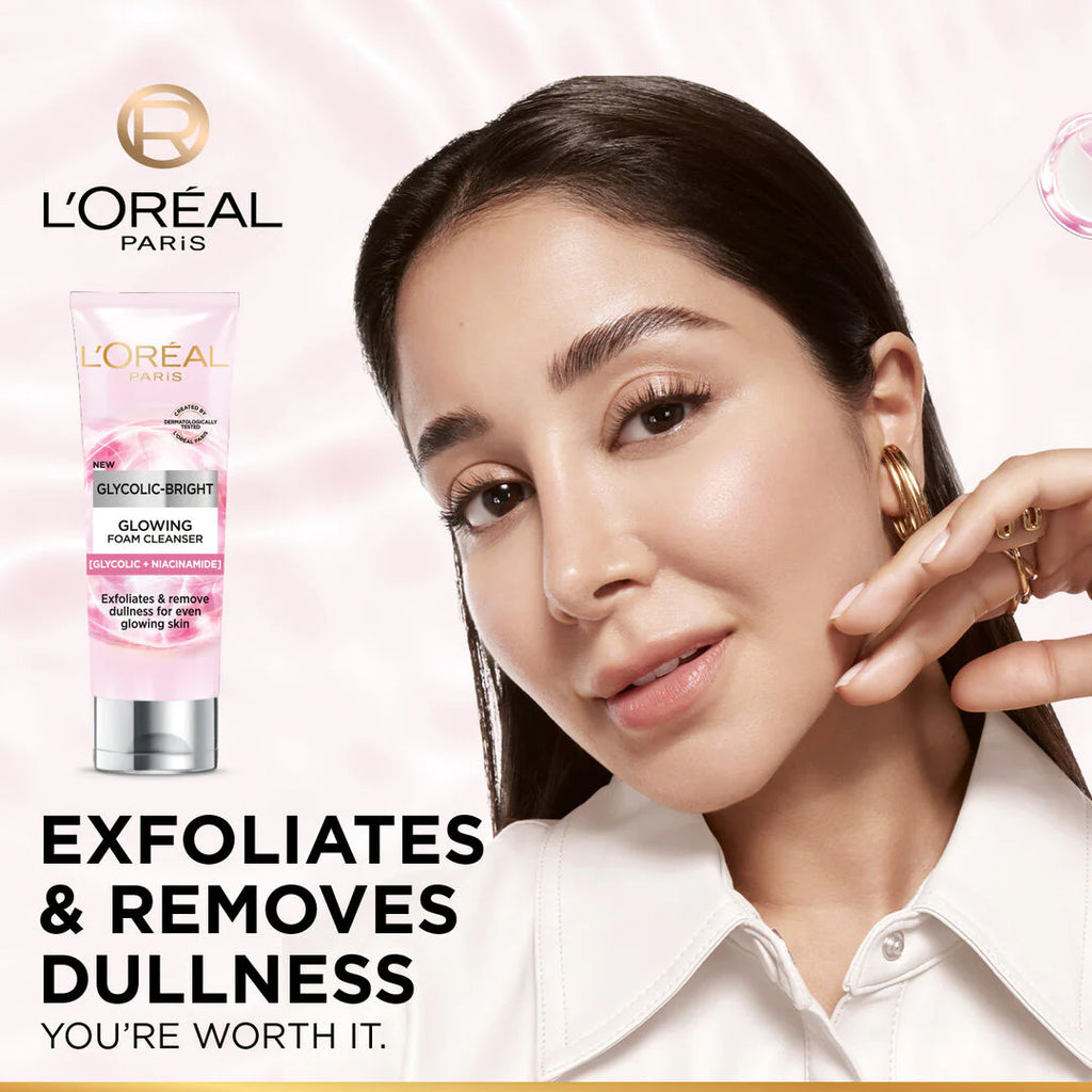 L’Oréal Paris Glycolic-Bright Foam Cleanser, to Exfoliate and Remove Dullness for Even Glowing Skin, 100ml