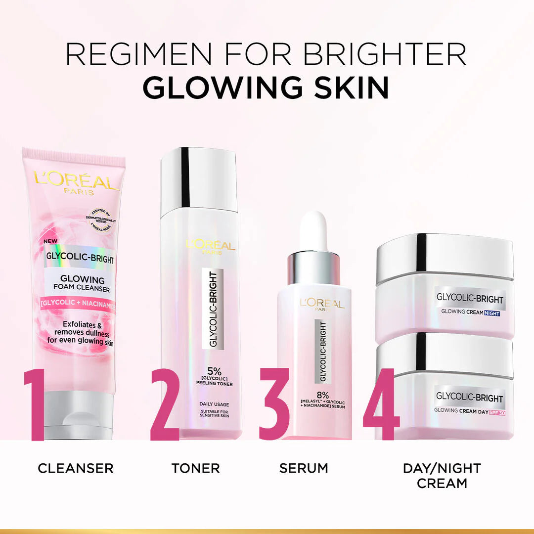L’Oréal Paris Glycolic-Bright Foam Cleanser, to Exfoliate and Remove Dullness for Even Glowing Skin, 100ml