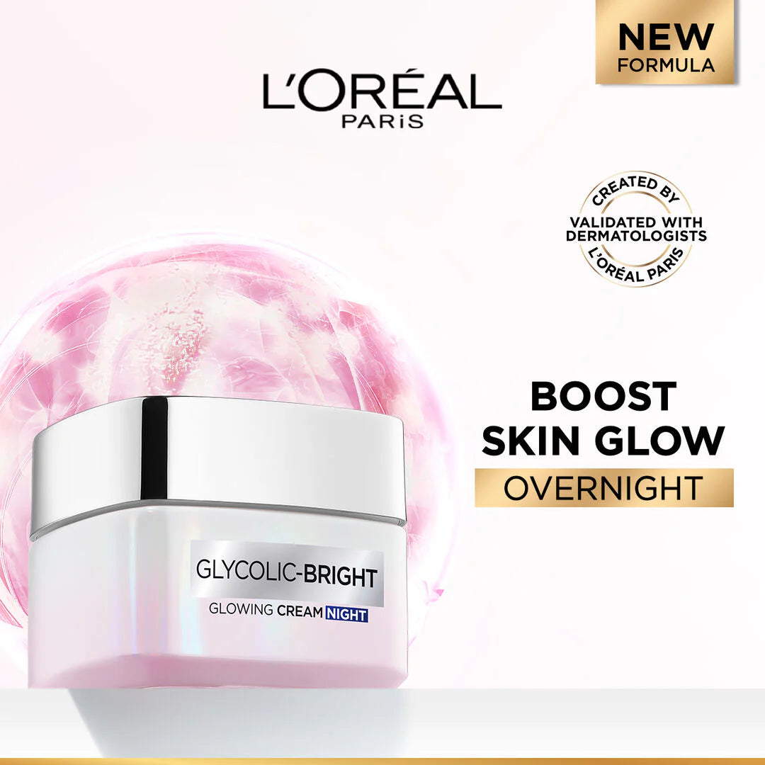 L’Oréal Paris Glycolic-Bright Glowing Night Cream, for Dark Spots Reduction, and Skin Tone Evenness, 50ml