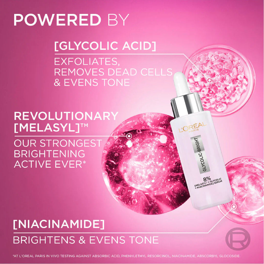 L'Oreal Paris Glycolic Bright Face Serum, With 8% [Melasyl ™ + Glycolic Acid + Niacinamide], for Dark Spots and Brightening 30ml