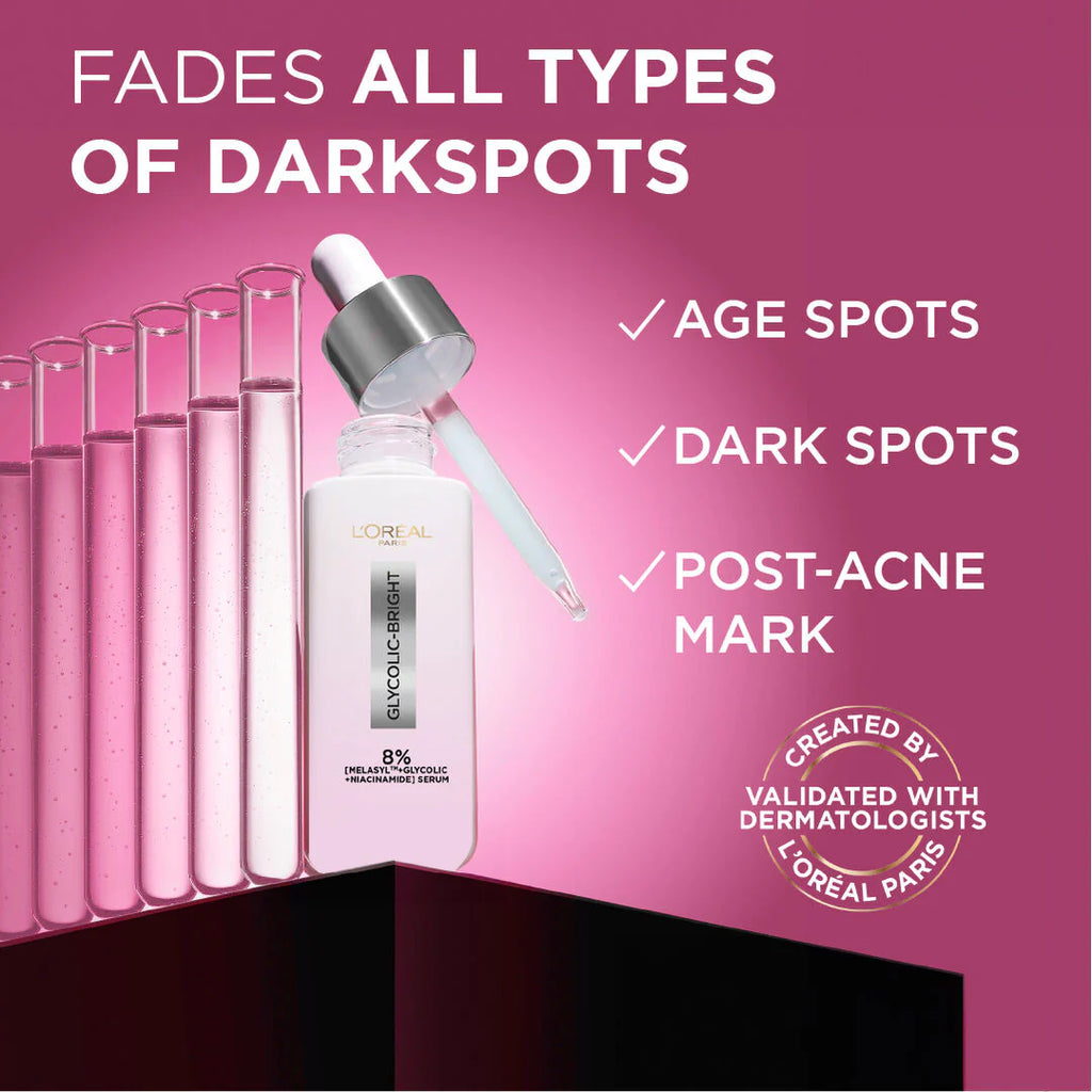 L'Oreal Paris Glycolic Bright Face Serum, With 8% [Melasyl ™ + Glycolic Acid + Niacinamide], for Dark Spots and Brightening 30ml