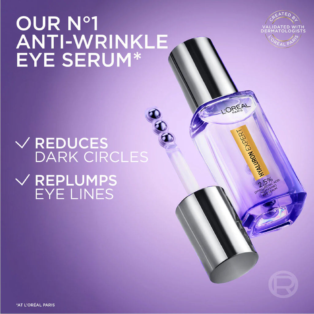 L'Oreal Paris Hyaluron Expert Eye Serum, Targeted Eye Contour Treatment, with Hyaluronic Acid and Caffeine, 20ml