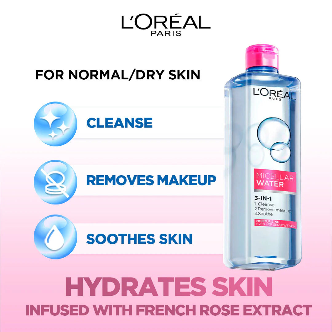 L’Oréal Paris 3-in-1 Refreshing and Moisturizing Micellar Water, Cleanse, Remove Makeup and Soothe, for Sensitive and Normal to Dry Skin, 400ml