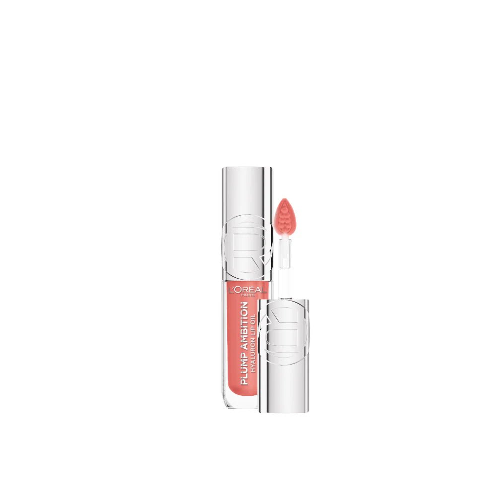 L’Oréal Paris Plump Ambition Hyaluron Lip Oil with 24-hour hydration and high-shine volumizing finish in sleek tube packaging