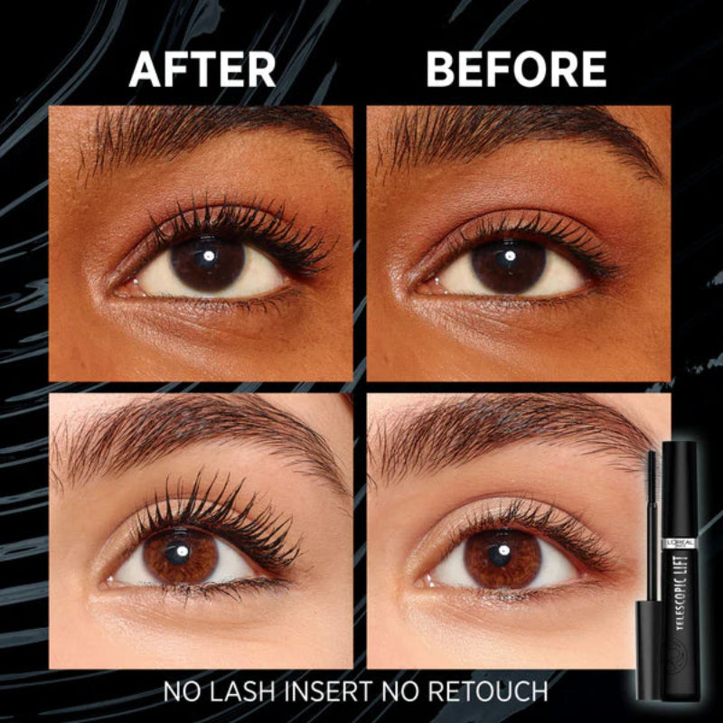 Before and after comparison of eye makeup application with a mascara tube.
